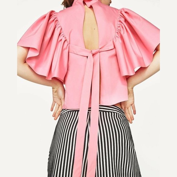 NWOT Zara bubblegum pink open back statement puff sleeve crop blouse, S - Picture 4 of 10